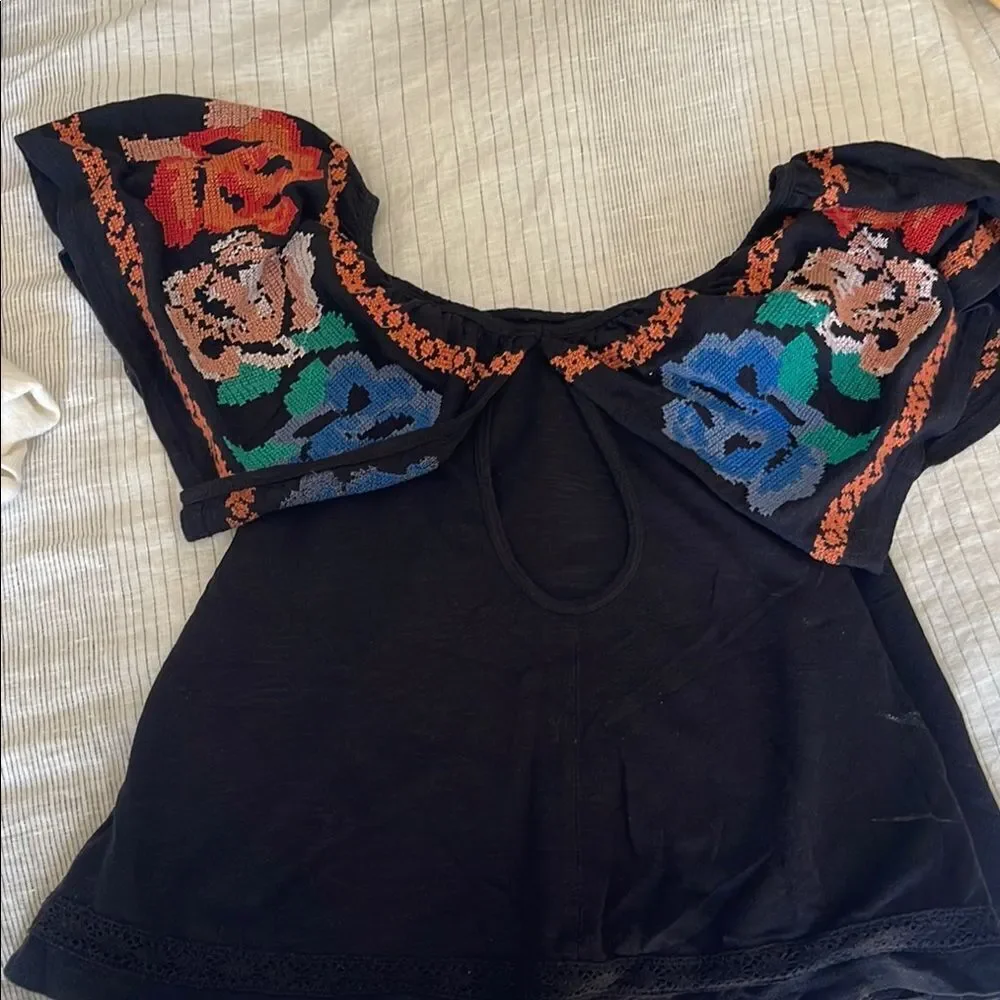 Free People Blue Embroidered Flutter Sleeve Blouse